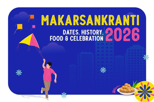 “Festive Makar Sankranti 2026 illustration with a child flying kites, city skyline, and traditional sweets.